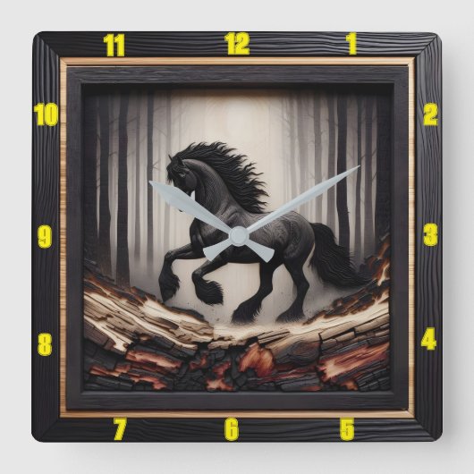 ミスティGallop:カスタマイズ可能なチャールド木材フリージアン スクエア壁時計 (正面)