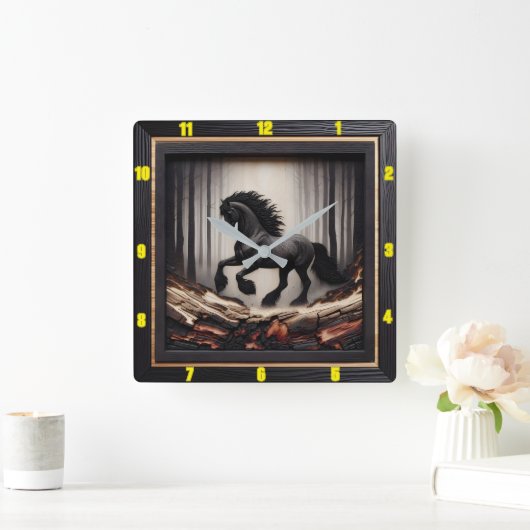 ミスティGallop:カスタマイズ可能なチャールド木材フリージアン スクエア壁時計 (ホーム)