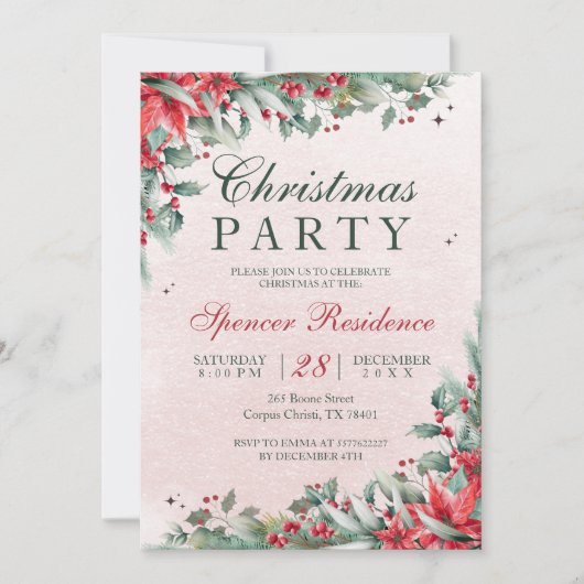 ミステッエレガントトウの水色のクリスマスフラワー 招待状 (正面)