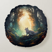 ミステリアスな森の枕に入った狼 ラウンドクッション (正面)