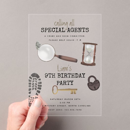 ミステリーキッズシークレットエージェントスパイ刑事誕生日 アクリル招待状 (インサイチュ (ポータブル))