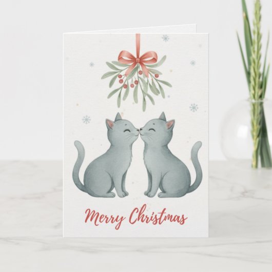 ミステルトウの下でキスをする子猫のクリスマスカード カード (正面)