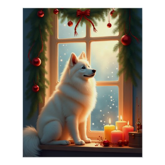 ミステルトウの下のサモエド クリスマスの絵画 ポスター (正面)