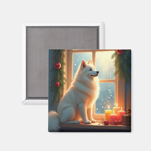 ミステルトーの下のサモエド クリスマスの絵画 マグネット (正面/裏面)