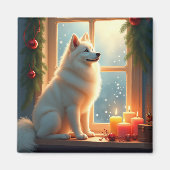 ミステルトーの下のサモエド クリスマスの絵画 マグネット (正面)