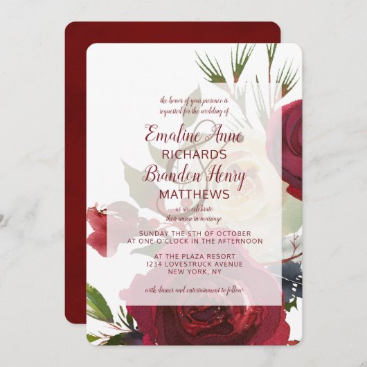 ミステルトーマナーウォーターカラーウィンターフレーム結婚ズ 招待状 (正面/裏面)