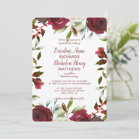 ミステルトーマナーウォーターカラー縁ど冬結婚の 招待状 (スタンド正面)