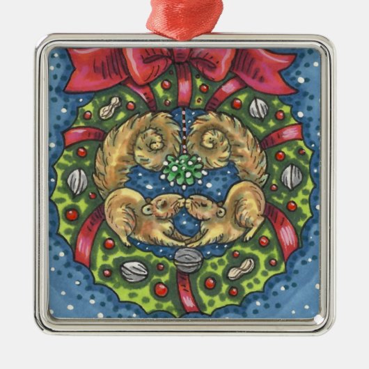 ミストレキスをするートの下のかわいいリス、ナットリース メタルオーナメント (正面)