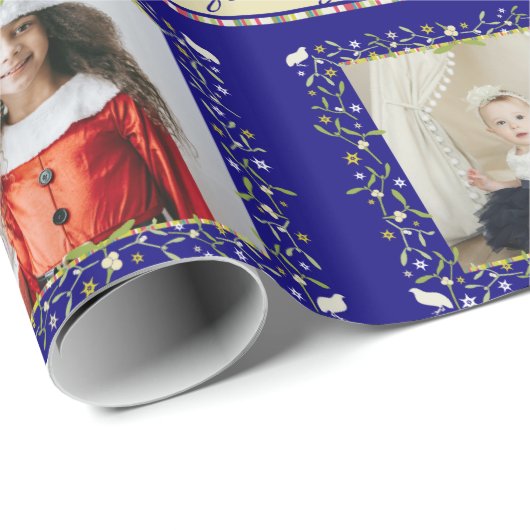 ミストレストライプーのパトリッジ青いクリスマス写真 ラッピングペーパー (ロールコーナー)