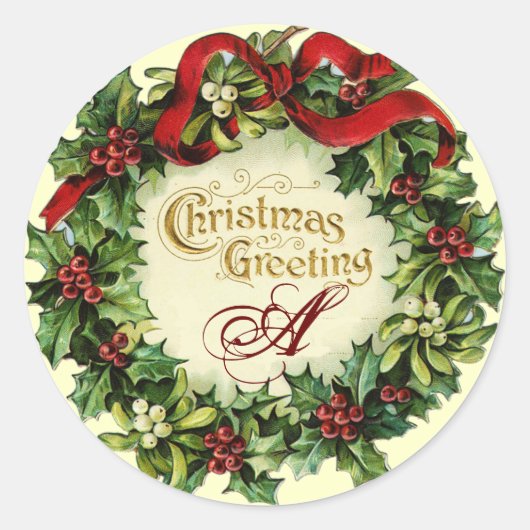ミストレットとホリーベリーを持つクリスマスクラウン ラウンドシール (正面)