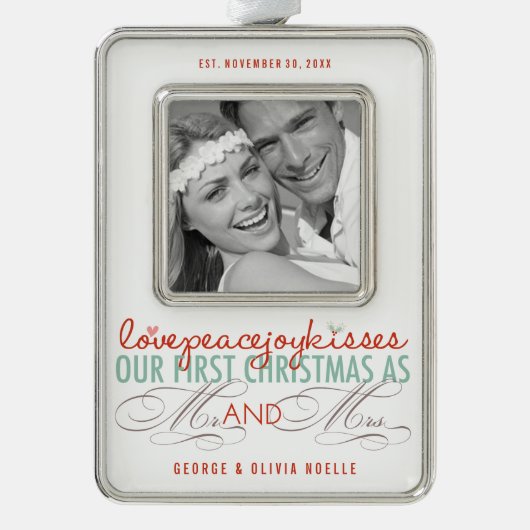 ミストレトゥーズ初めてのクリスマスズ結婚写真 シルバープレートフレームオーナメント (正面)