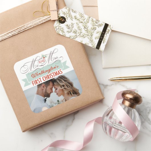 ミストレトゥーズ初めてのクリスマスズ結婚写真 スクエアシール (ギフト)