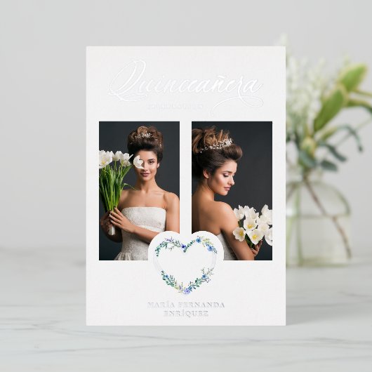 ミスペインのXVアイノスロマンティックブルーシェードハート 箔招待状 (立ち正面)