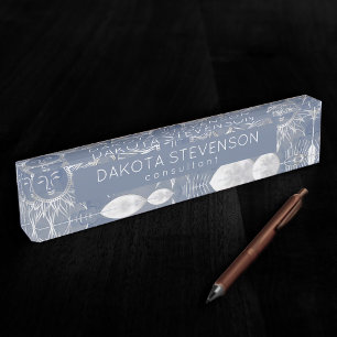 ミス太陽のティック Dusty Blue Silver Moon Stars Sun デスクネームプレート