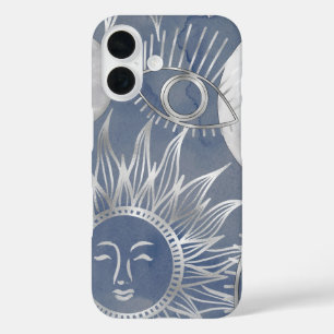 ミス太陽のティック Dusty Blue Silver Moon Stars Sun iPhone 16ケース