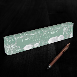 ミス太陽のティック Dusty Green Silver Moon Stars Sun デスクネームプレート