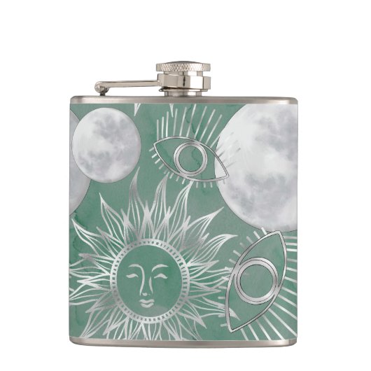 ミス太陽のティック | Dusty Green Silver Moon Stars Sun フラスク (正面)