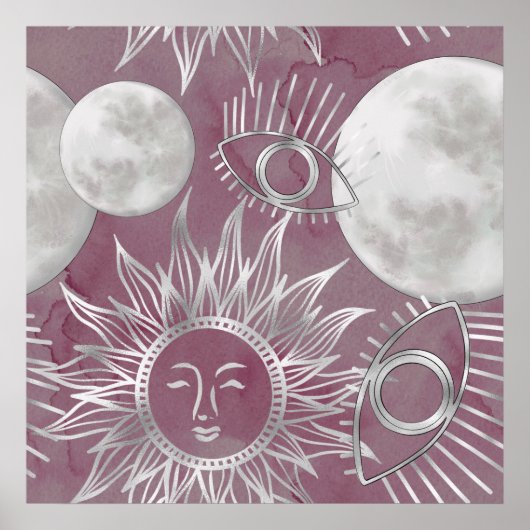 ミス太陽のティック | Pink Silver Moon Stars Sun Eyes ポスター (正面)