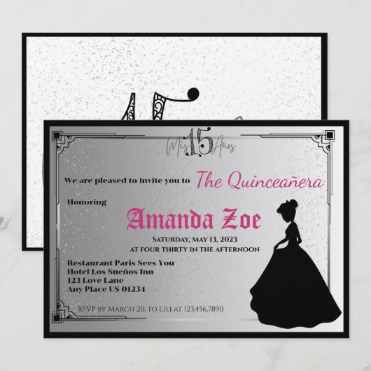 ミス・キンセ・エレガント・ブラック・アンド・ホワイト・インビテーション 招待状 (正面/裏面)