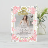 ミス・キンセ・フォト招待状 バイリンガル ピンク フラワーリング 招待状 (スタンド正面)