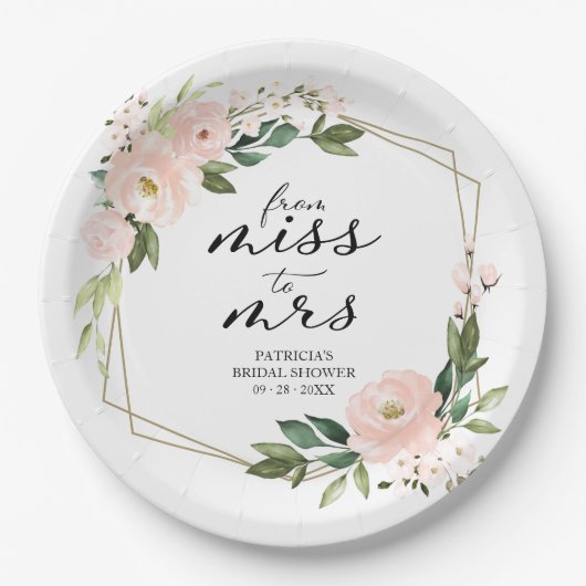 ミス・トゥ・ミセス ピンク ブラッシュ 幾何学的なデザインの ブライダルシャワー ペーパープレート (正面)