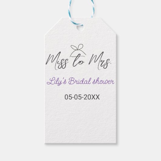 ミス・トゥ・ミセス ブライダルシャワー 追加 名前 日付 年 ボウ ギフトタグ (正面)