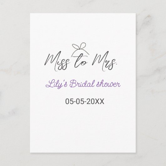 ミス・トゥ・ミセス ブライダルシャワー 追加 名前 日付 年 ボウ ポストカード (正面)