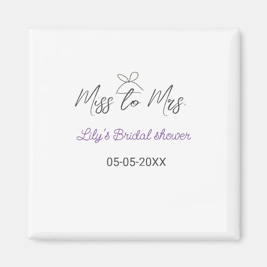 ミス・トゥ・ミセス ブライダルシャワー 追加 名前 日付 年 ボウ マグネット (正面)
