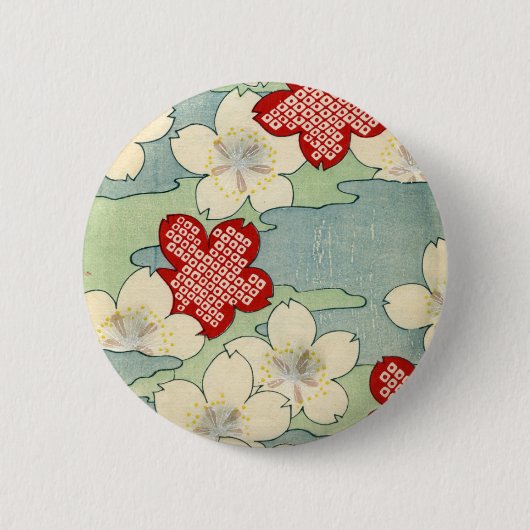 ミズキの花のWoodblockのプリント 缶バッジ (正面)