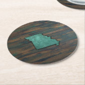 ミズーリ州形状ティール（緑がかった色） ラウンドペーパーコースター (アングル)