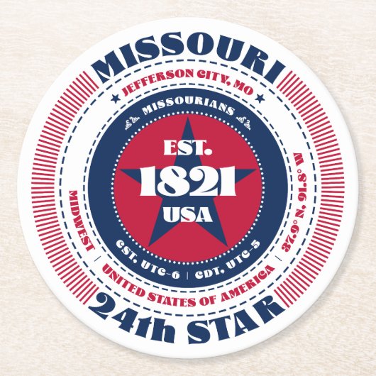 ミズーリ赤白青タイポグラフィ ラウンドペーパーコースター (正面)