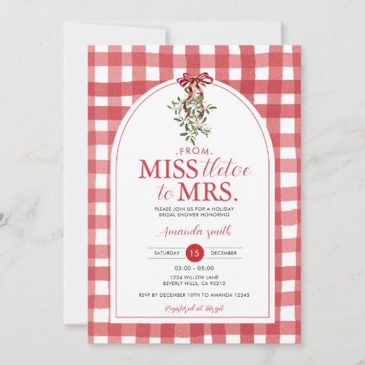 ミセスへのクリスマス ブライダルシャワー ホリデー レッドリボン 招待状 (正面)