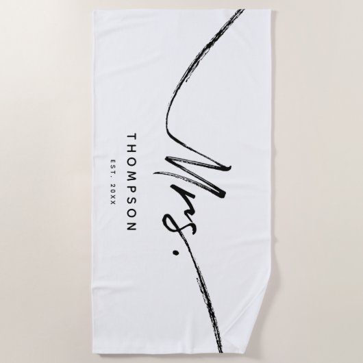 ミセスカスタム白黒モダンミニマリストスクリプト ビーチタオル (正面)