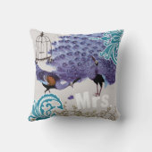 ミセスティール（緑がかった色）ダマスクパープルヴィンテージ孔雀バードケージ クッション (裏面)