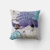 ミセスティール（緑がかった色）ダマスクパープルヴィンテージ孔雀バードケージ クッション (正面)