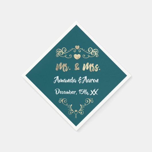 ミセスハートティール(緑がかった色)アクアホワイトシャンパイニュ金ゴールド スタンダードカクテルナプキン (角)