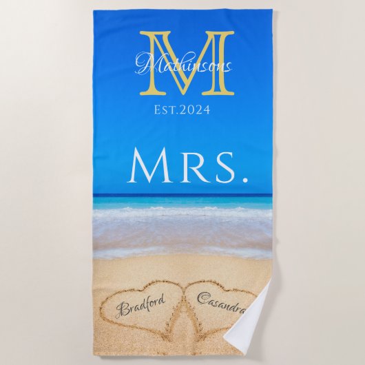 ミセスビーチ結婚式ハートズインサンドファミリーモノグラム ビーチタオル (正面)