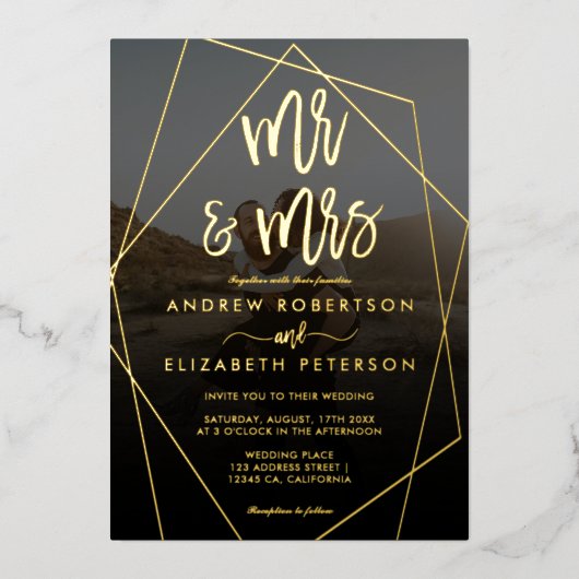 ミセスモダンスクリプトのテラリウム写真の結婚金ゴールド 箔招待状 (正面)