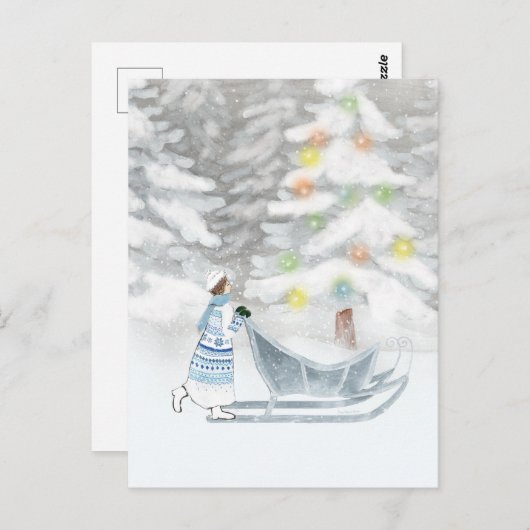 ミセス冬のフェスティバル雪クリスマスウォーター色 ポストカード (正面/裏面)