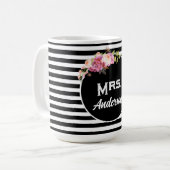 ミセス名姓白黒ストライプ花 コーヒーマグカップ (正面左)