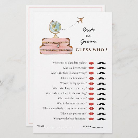 ミセス恋しく思に旅行「誰を推測」シャワーゲーム (正面/裏面)