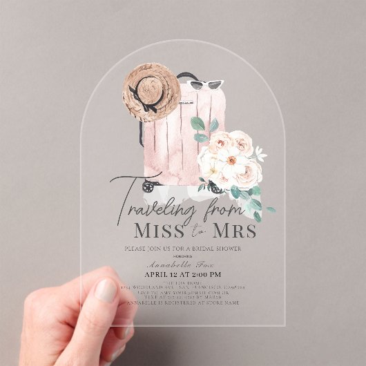 ミセス恋しく思ピンクスーツケースブライダルシャワーへ旅行 アクリル招待状 (インサイチュ (ポータブル))