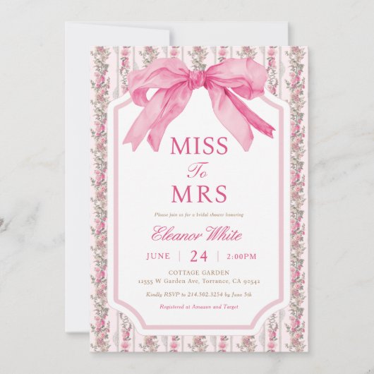 ミセス恋しく思ブライダルシャワーにピンクの弓 招待状 (正面)