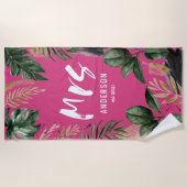 ミセス熱帯植物性ピンクガーリータイポグラフィ ビーチタオル (正面)