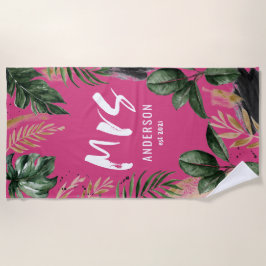 ミセス熱帯植物性ピンクガーリータイポグラフィ ビーチタオル