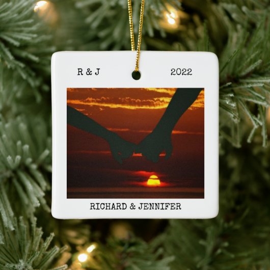 ミセス結婚ズ |両面2枚の写真モダン セラミックオーナメント (ツリー)