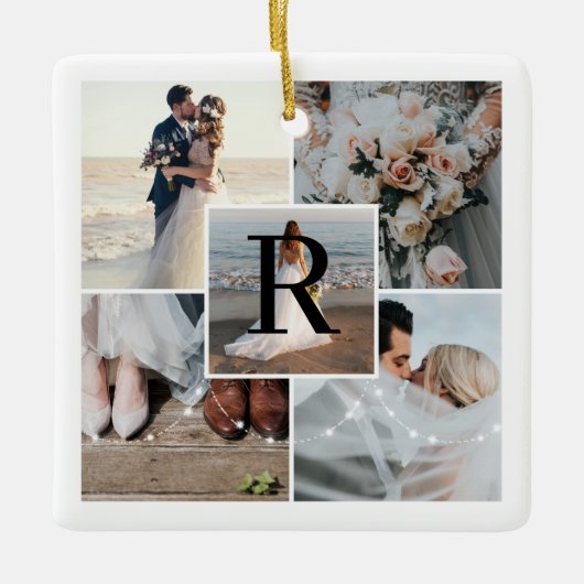 ミセス5フォトコラージュ初めてのクリスマスモノグラム セラミックオーナメント (正面)