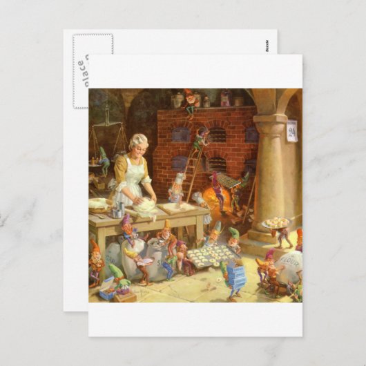 ミセス・クロースがサンタの小妖精や小人とクッキーを焼く! シーズンポストカード (正面/裏面)