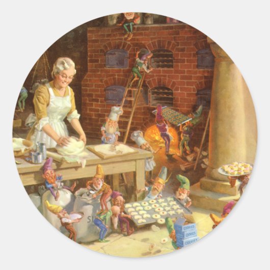 ミセス・クロースがサンタの小妖精や小人とクッキーを焼く! ラウンドシール (正面)