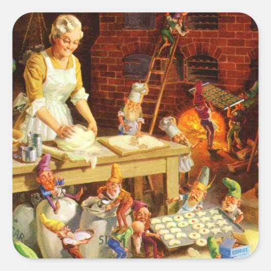 ミセス・クロースとサンタの小妖精や小人がクリスマスクッキーを焼く スクエアシール (正面)